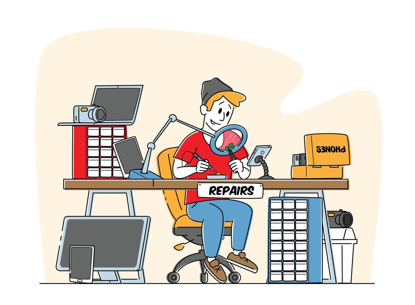 Male Character Assembling or Repair Smartphone and Computer Technics. Man Sitting at Desk Fix Device with Soldering Iron vector