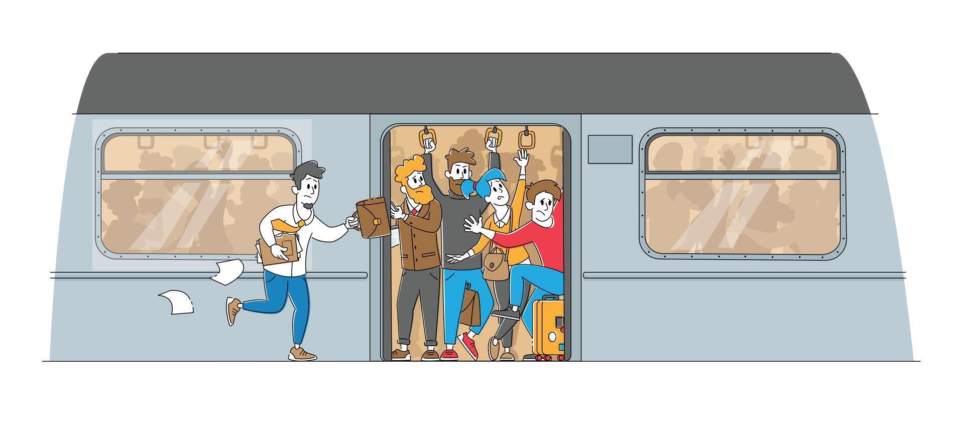 Man Running in Subway Platform to Crowded Train in Rushtime. Characters Pushing Each Other in Full Metro in Peak Hour vector