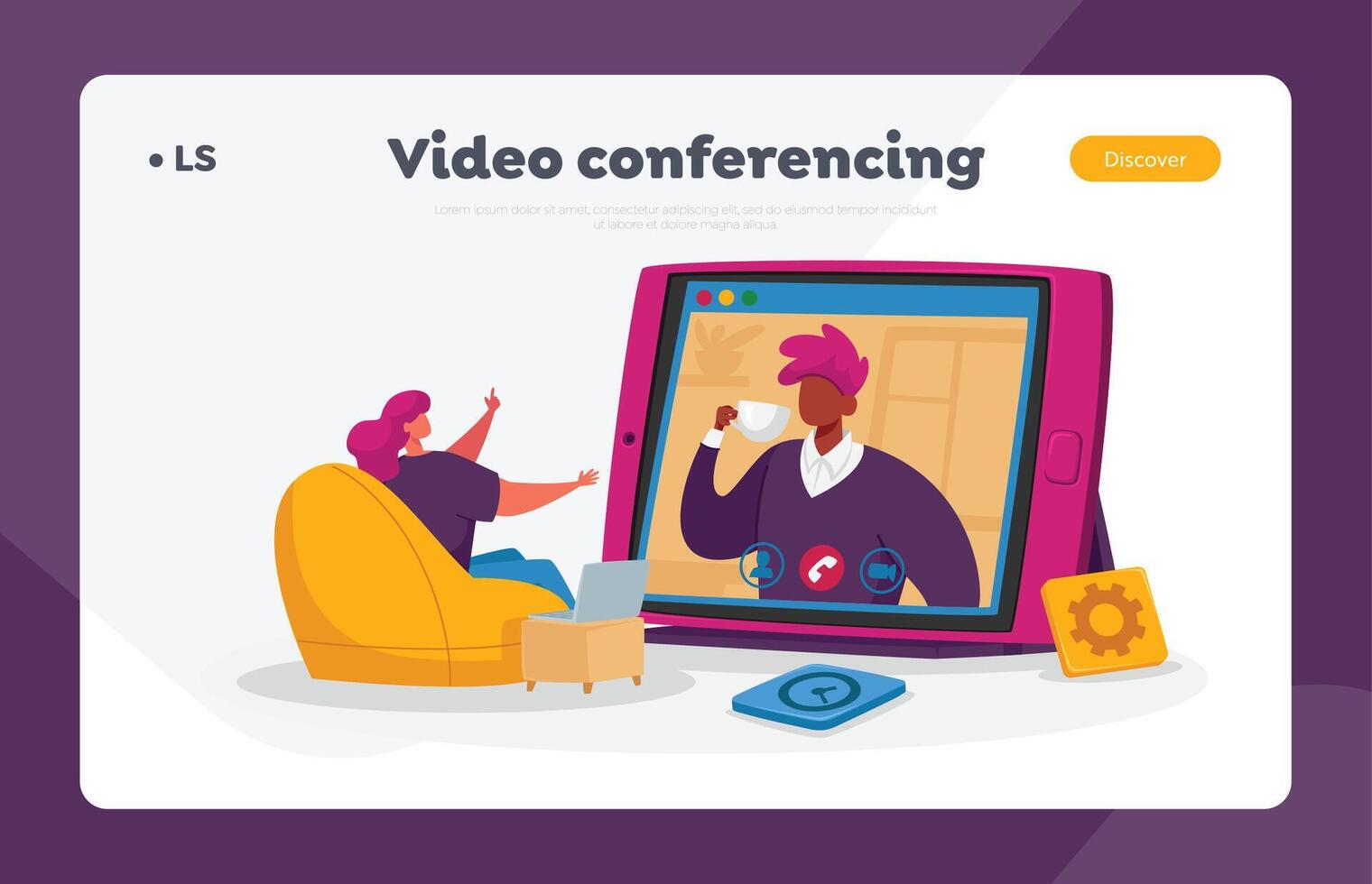 Remote Conference Internet Technologies Landing Page Template. Characters Sitting at Office or Home with Digital Devices vector