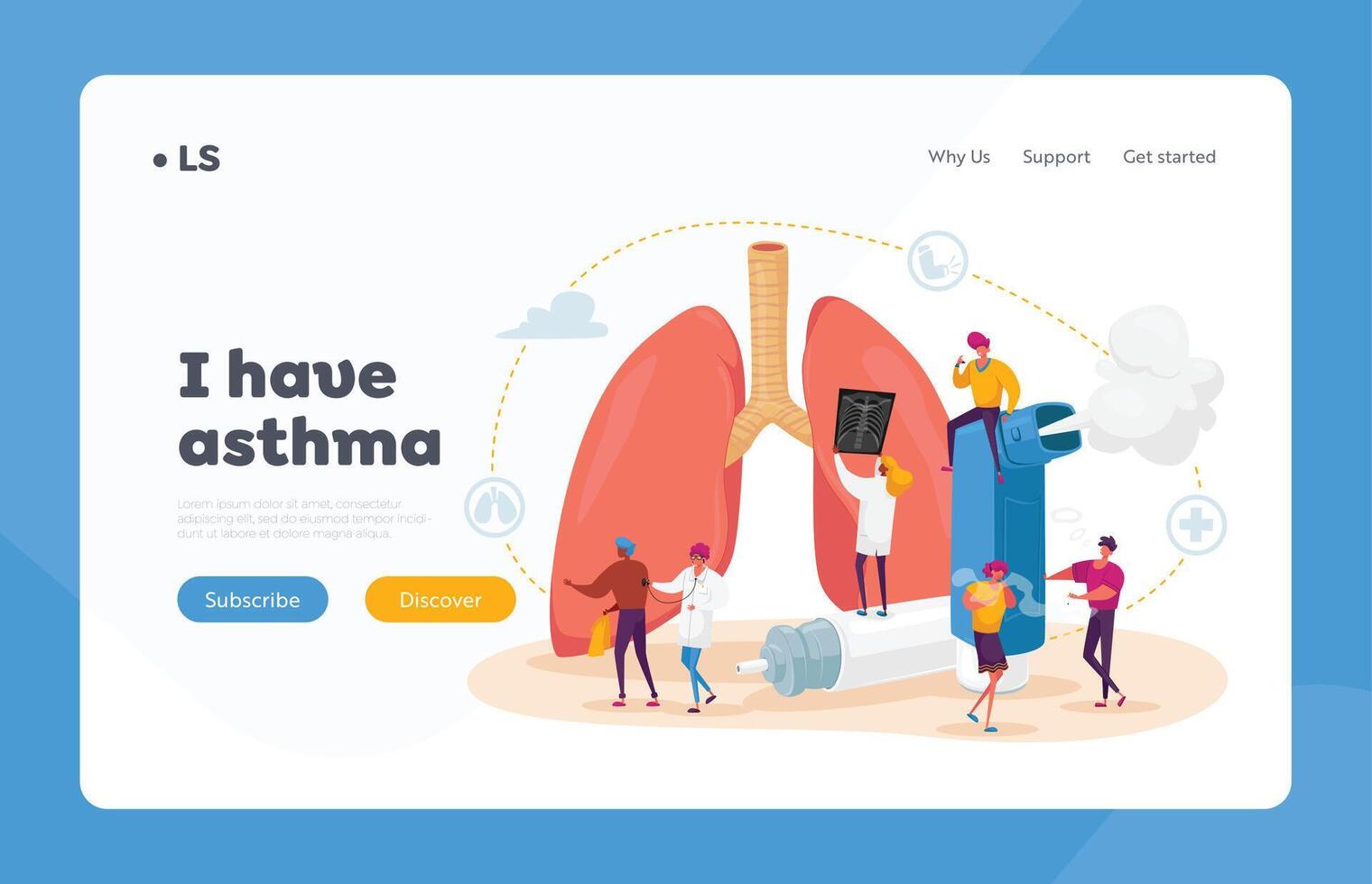 Pulmonology and Asthma Disease Landing Page Template. Tiny Characters at Huge Lungs and Inhaler, Respiratory System vector