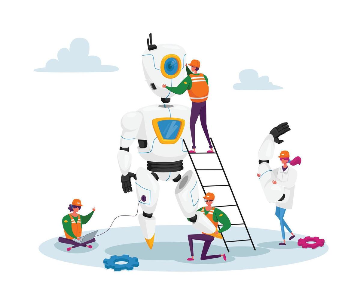 ingenieros científicos minúsculo caracteres haciendo programación enorme robot en Ciencias laboratorio. robótica hardware y software vector