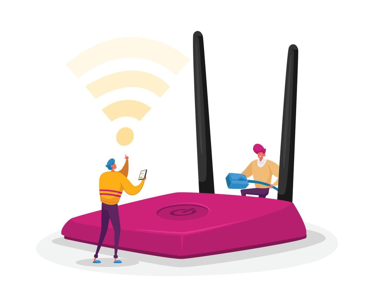 Wireless Connection, Modern Technology Concept. Tiny Male Characters Set Up and Use Wifi Router. People Surfing Internet vector