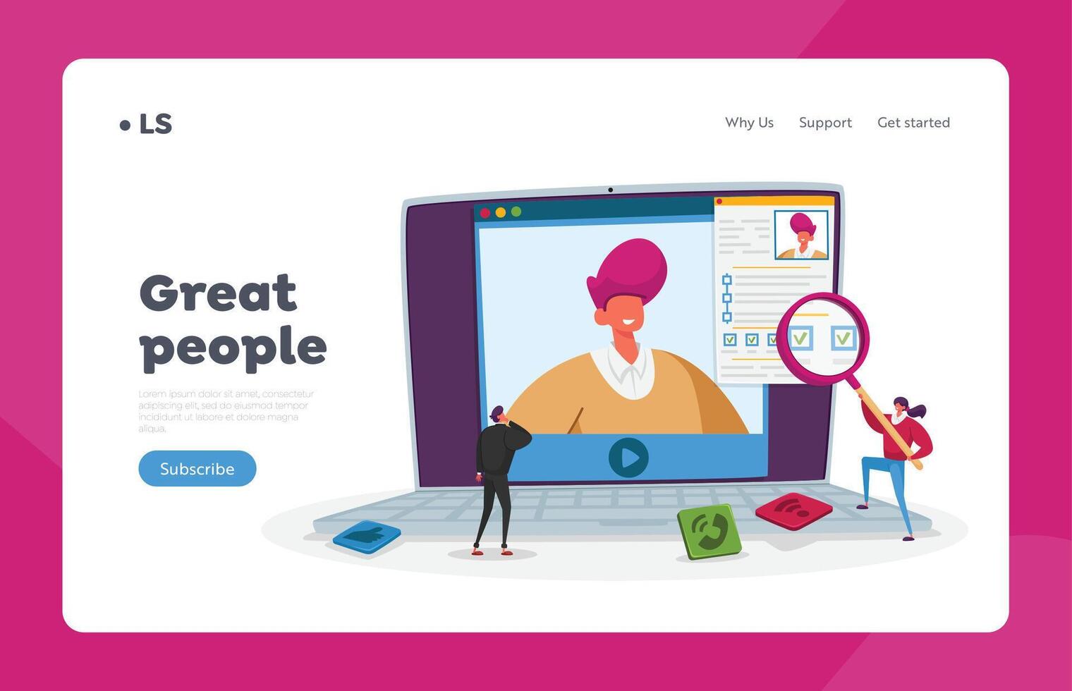 Online Interview and Work Employment Landing Page Template. Tiny Hr Department Employee Characters Reading Candidate vector