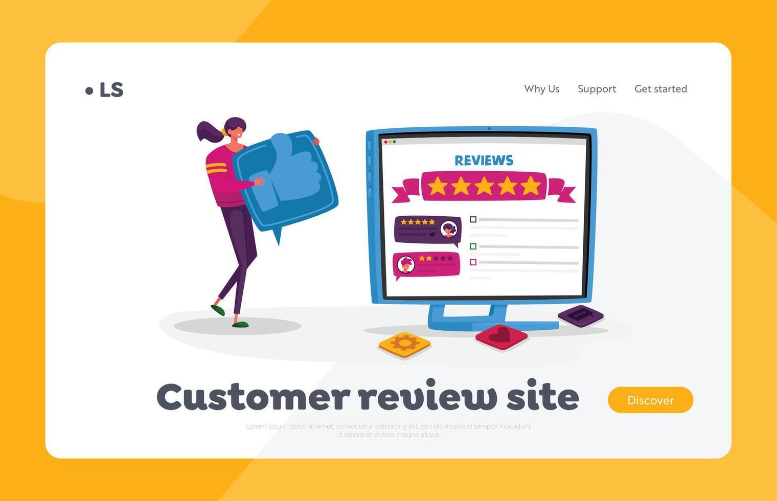 Online Review, Ranking Evaluation and Rating Landing Page Template. Tiny Female Character with Huge Thumb Up Icon vector