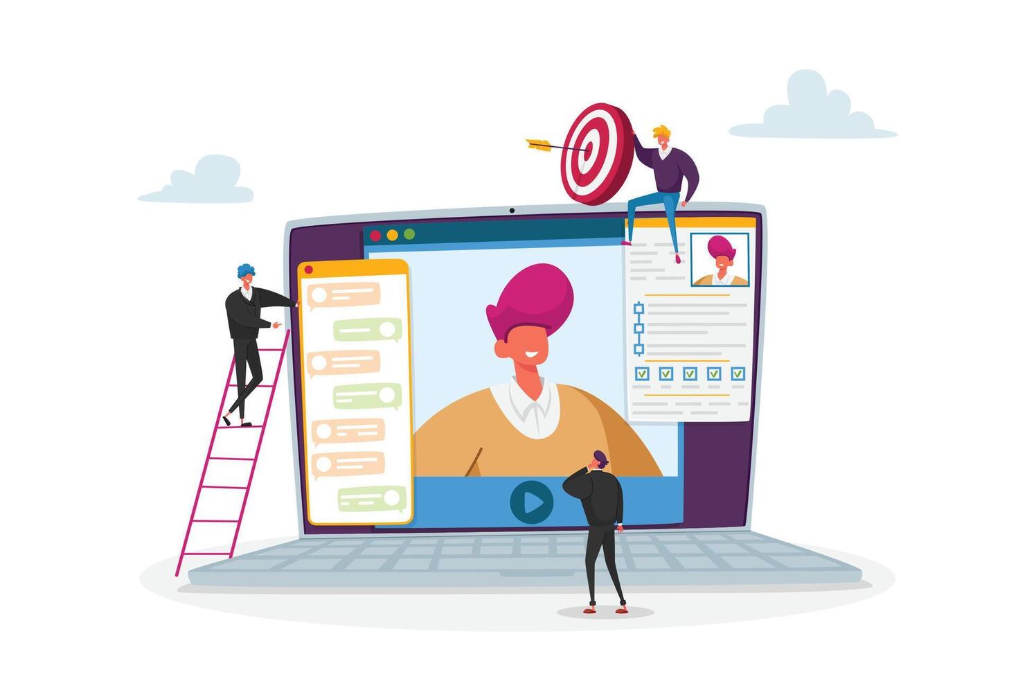 Hr Manager Read Candidate Resume Conducting Interview Online via Internet. Applicant Character Tell of Working Skills vector