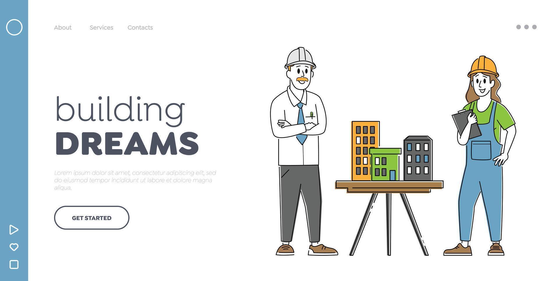 Architecture Projection Landing Page Template. Architect Builder Engineer Character Presenting Model of House to Foreman vector