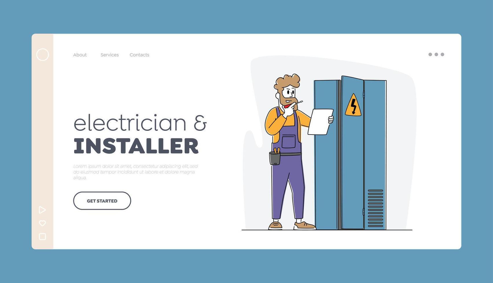 Electrician Examine Working Draft at Dashboard Landing Page Template. Worker Character Work with Electric Meter Tester vector