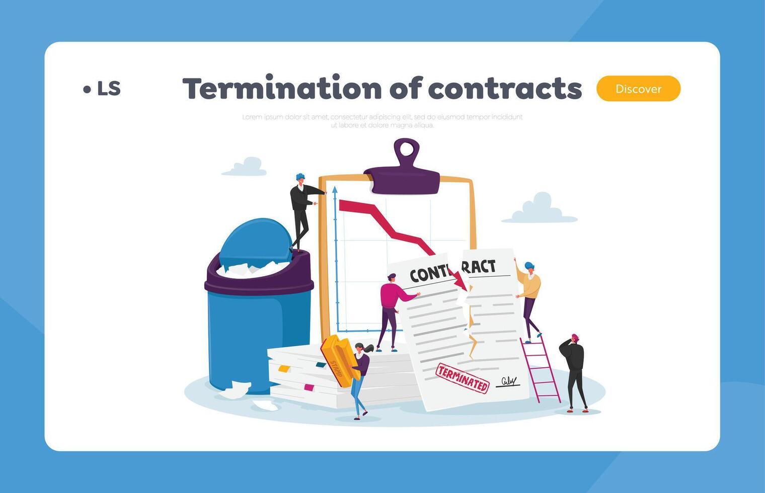 Tiny Characters at Huge Document Tear Terminated Contract Landing Page Template. Woman with Stamp at Scattered Papers vector