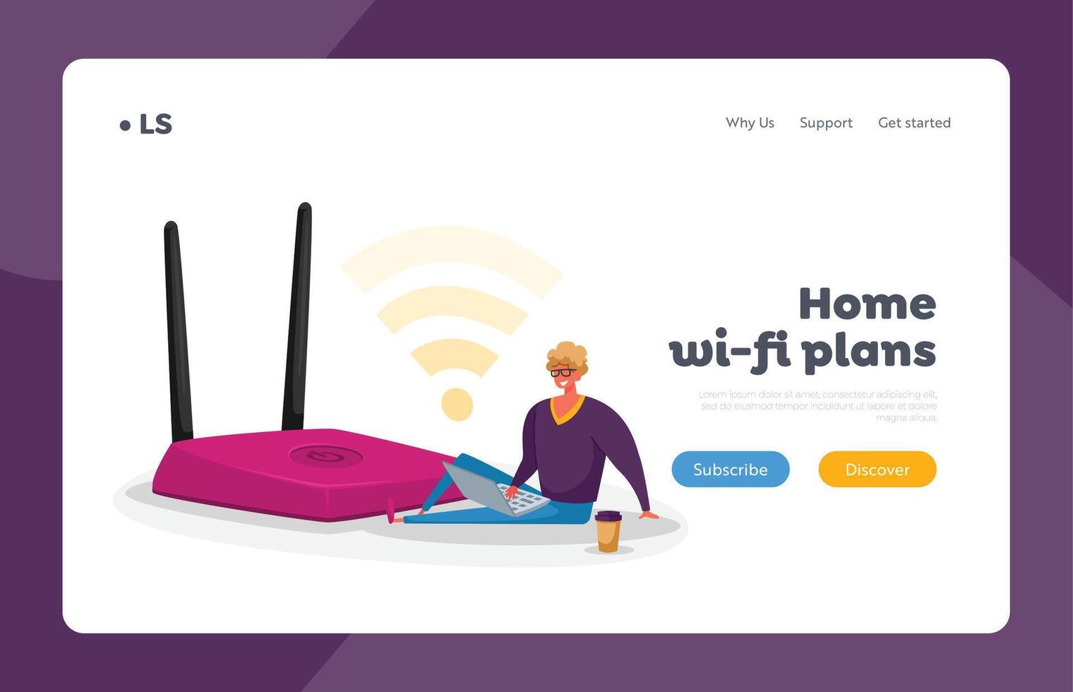 Man Work on Pc, Modern Networking Landing Page Template. Tiny Man with Laptop and Coffee Cup Sitting at Huge Wifi Router vector