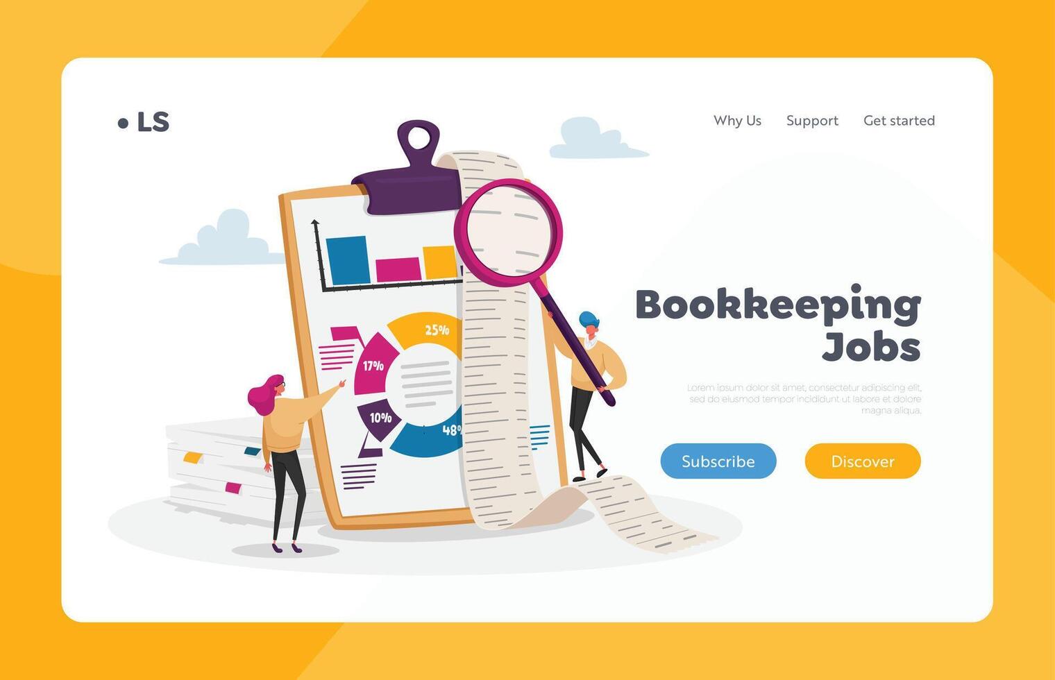 Tiny Accountants Make Accountant Report Landing Page Template. People Check Money Balance Calculate Bookkeeping Data vector