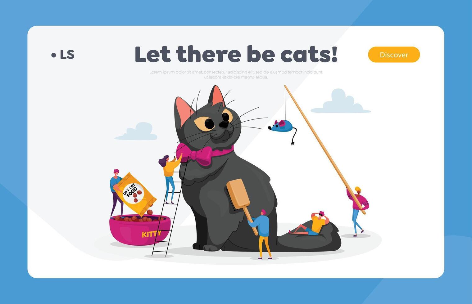 Care of Animals Landing Page Template. People Spending Time with Pet. Tiny Characters on Ladders Caring of Huge Cat vector
