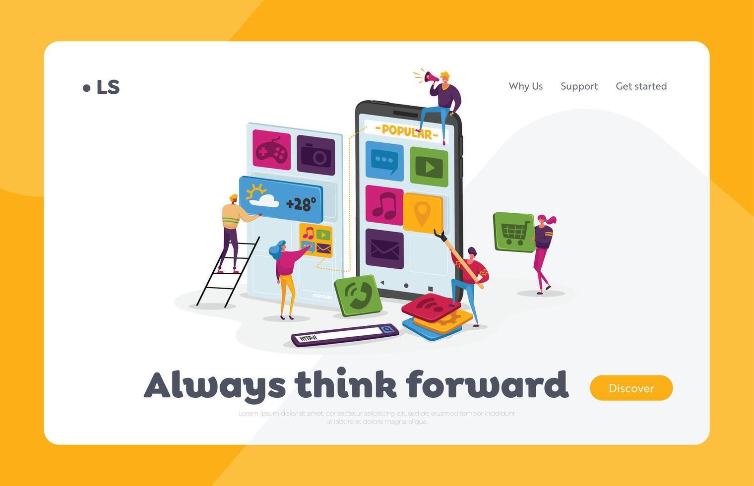 Designers Create Mobile Application Landing Page Template. Characters Work at Huge Smartphone Put App Icons on Screen vector
