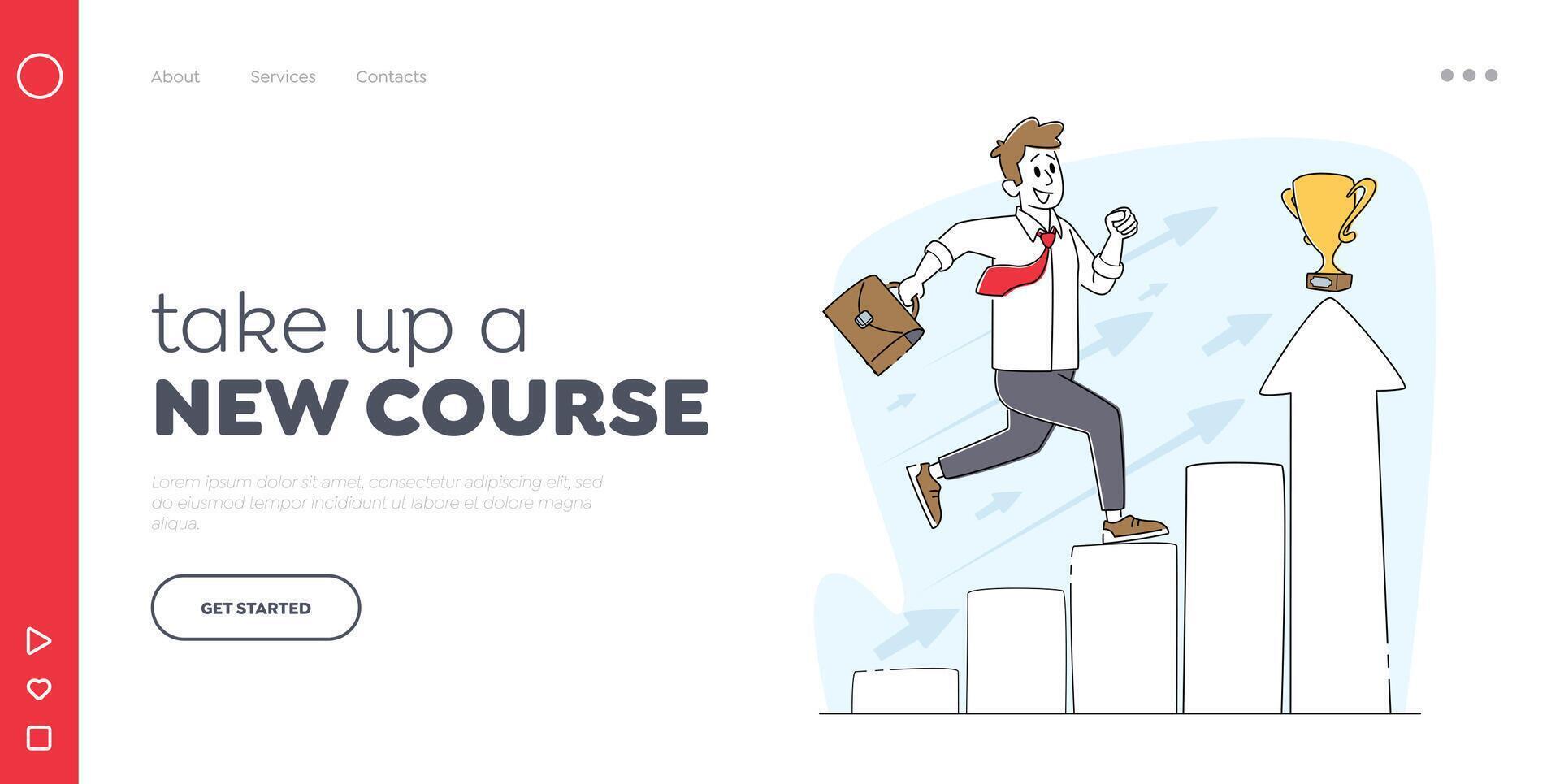 Ladder to Success Landing Page Template. Male Character Run at Column Chart to Trophy on Top. Self Development vector