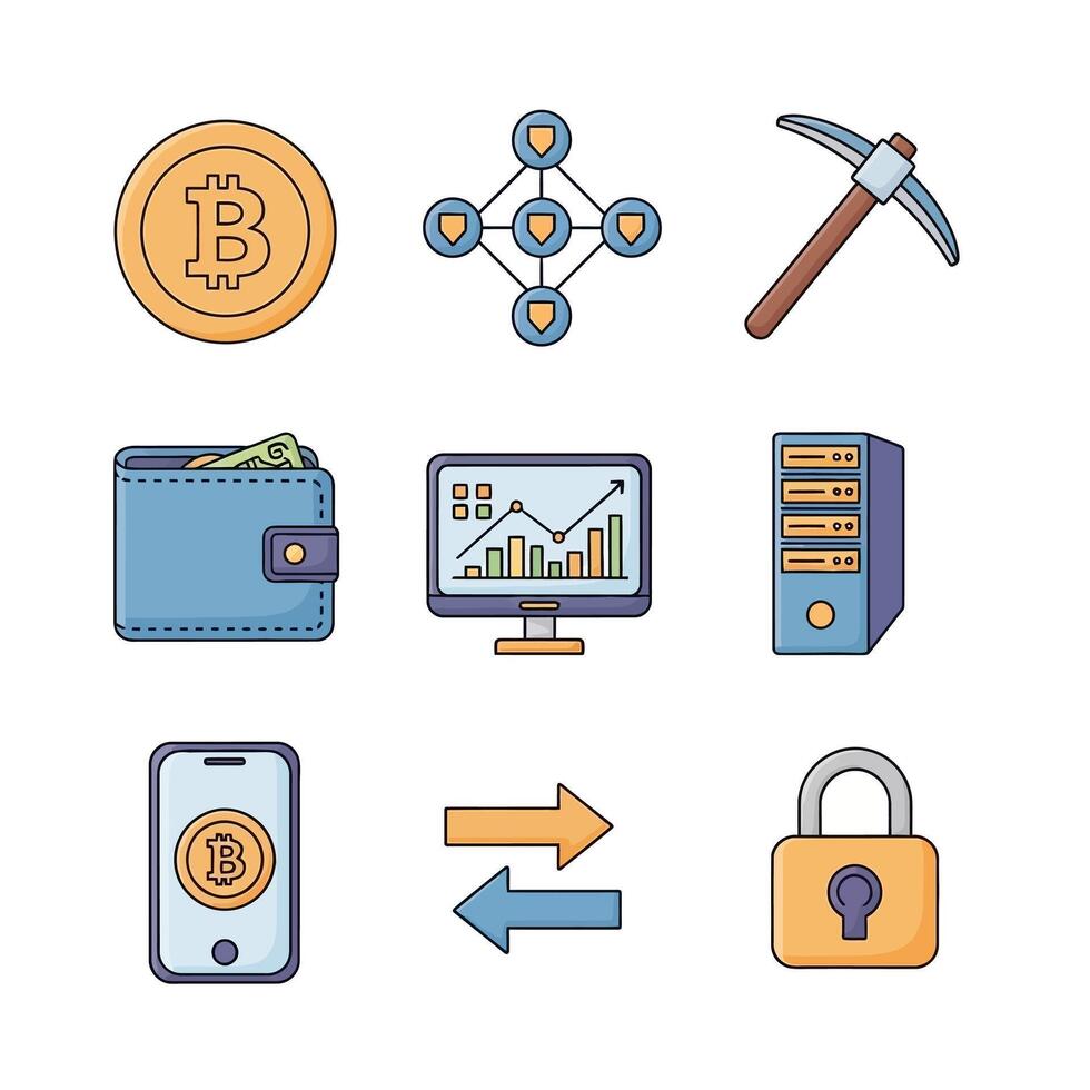 bitcoin criptomoneda concepto con blockchain minería íconos vector