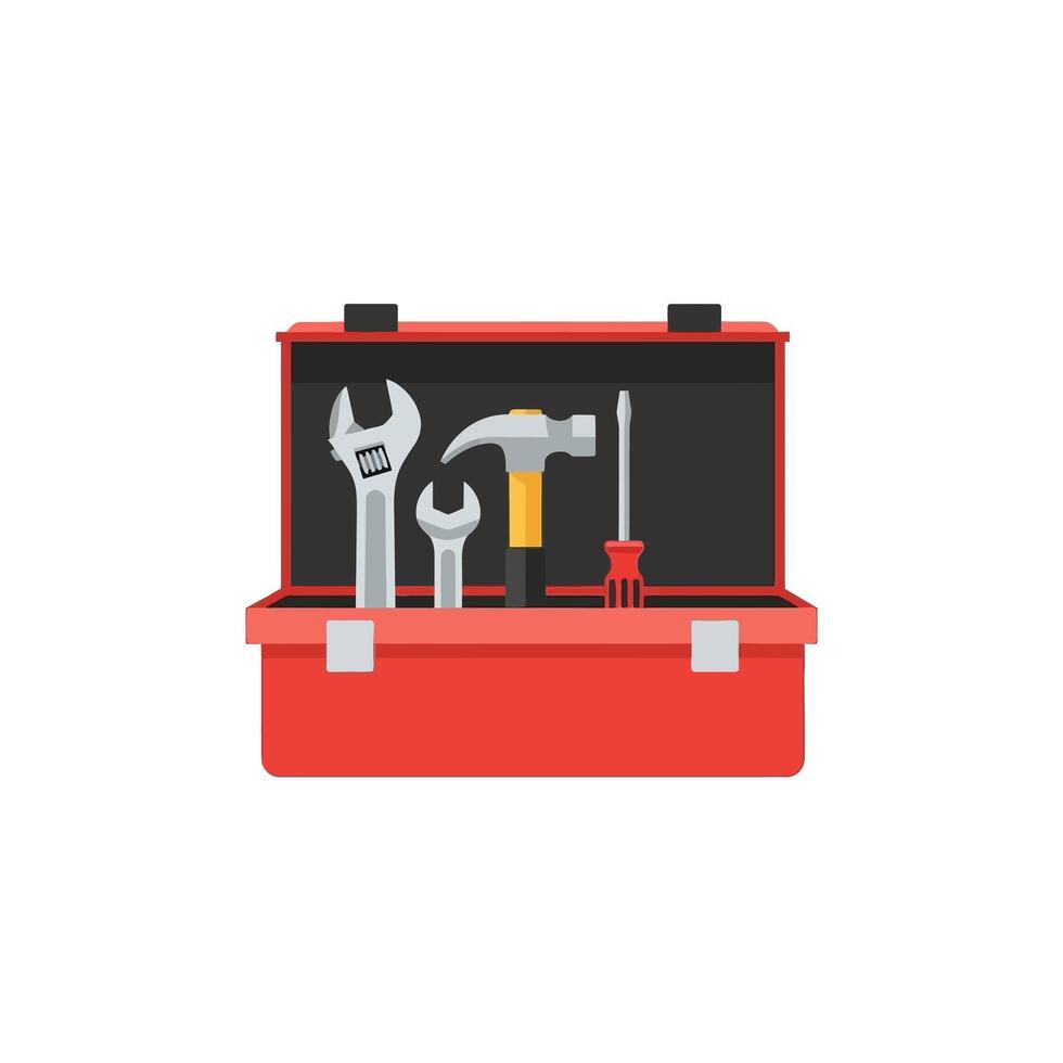 Toolbox with tools open red case with wrench hammer and screwdriver vector