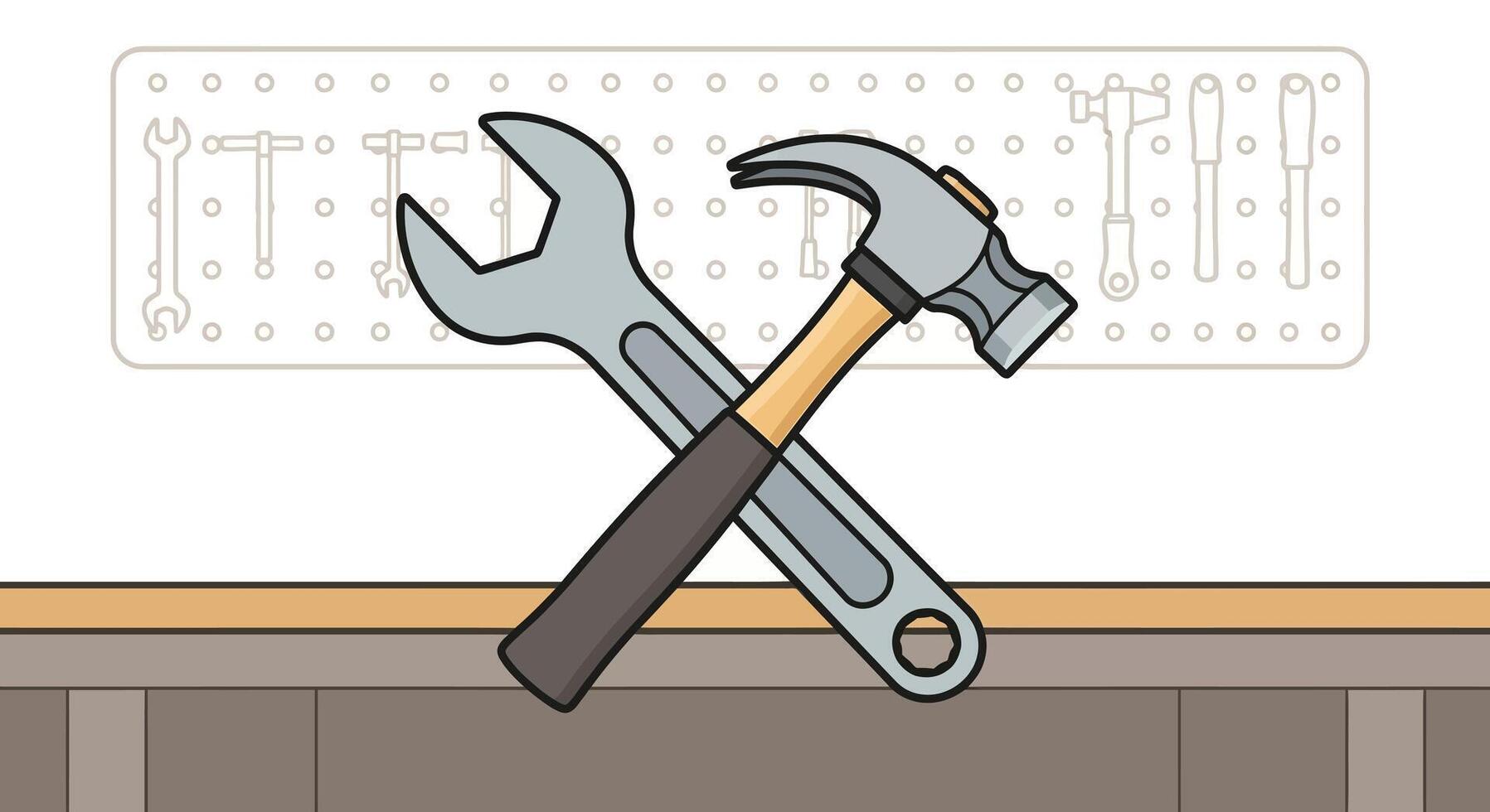 Crossed Wrench and Hammer on Workbench with Pegboard vector