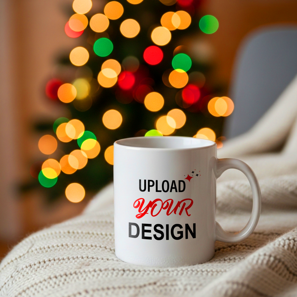 un blanco jarra con el texto subir tu diseño descansa en un texturizado cobija en frente de un borroso Navidad árbol con vistoso bokeh luces psd