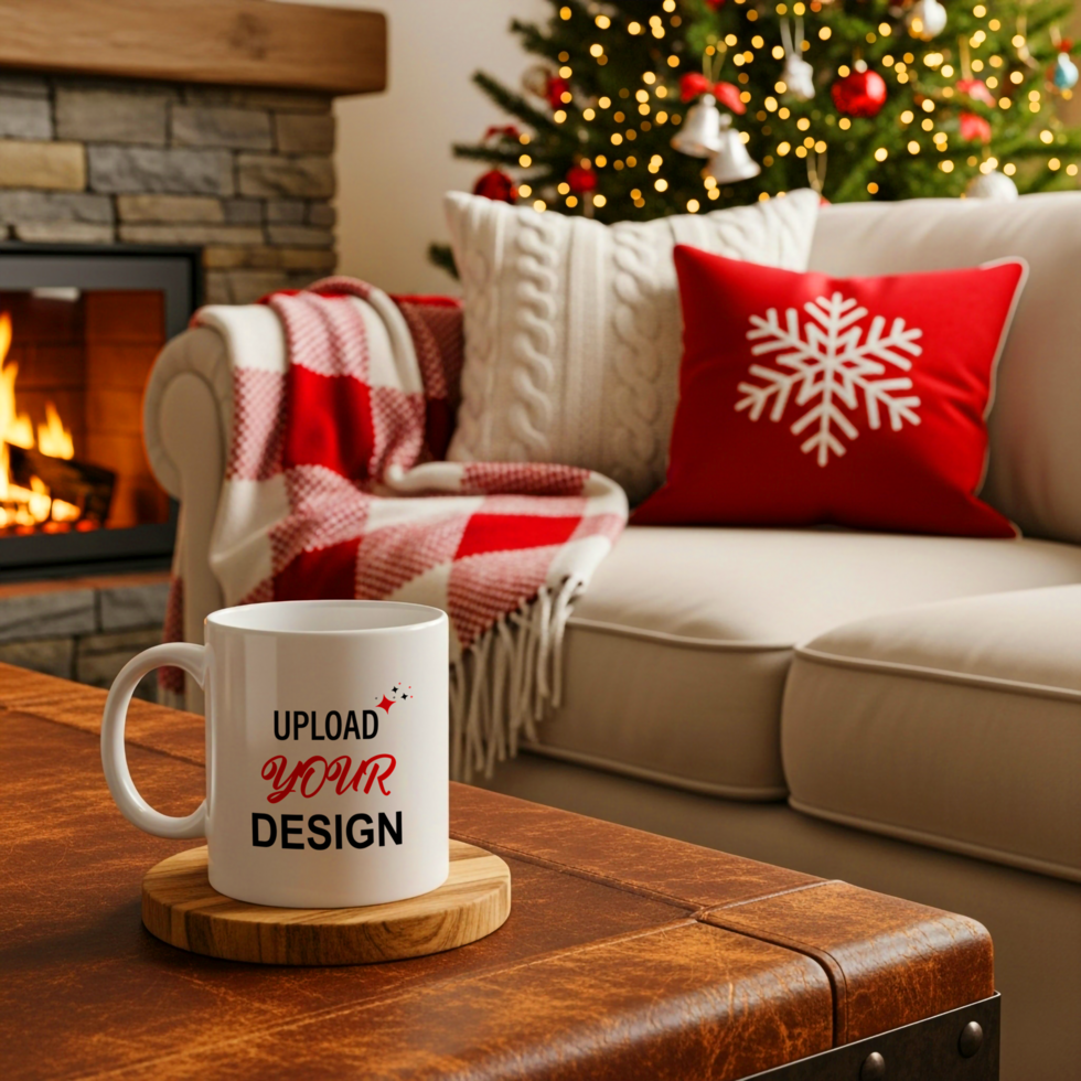 bianca boccale con caricare il tuo design testo su un' di legno tavolo nel davanti di un' accogliente vivente camera con un' camino e Natale albero psd