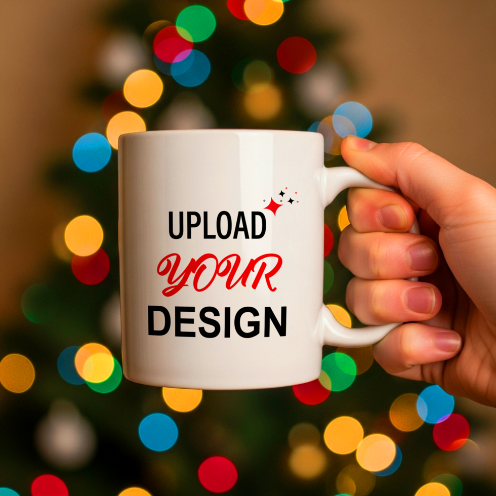 mano Tenere un' bianca boccale con caricare il tuo design testo contro un' sfocato Natale albero sfondo con colorato bokeh luci psd