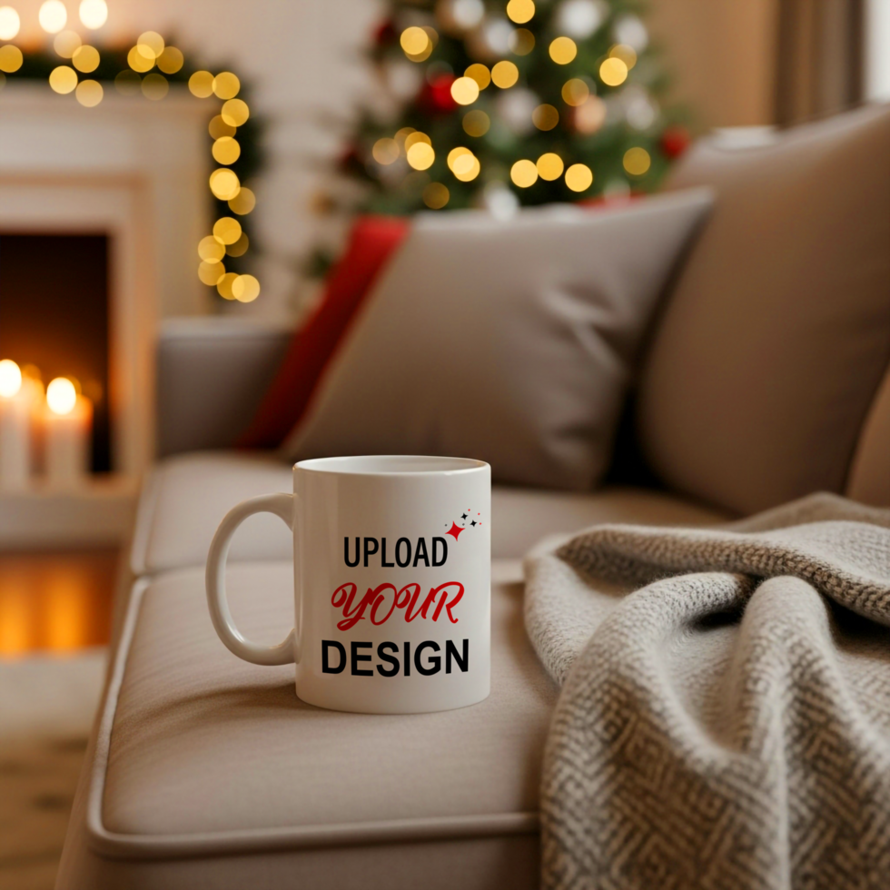 Weiß Becher mit hochladen Ihre Design Text platziert auf ein Sofa Nächster zu ein gemütlich Decke, mit ein verschwommen Weihnachten Baum im das Hintergrund psd