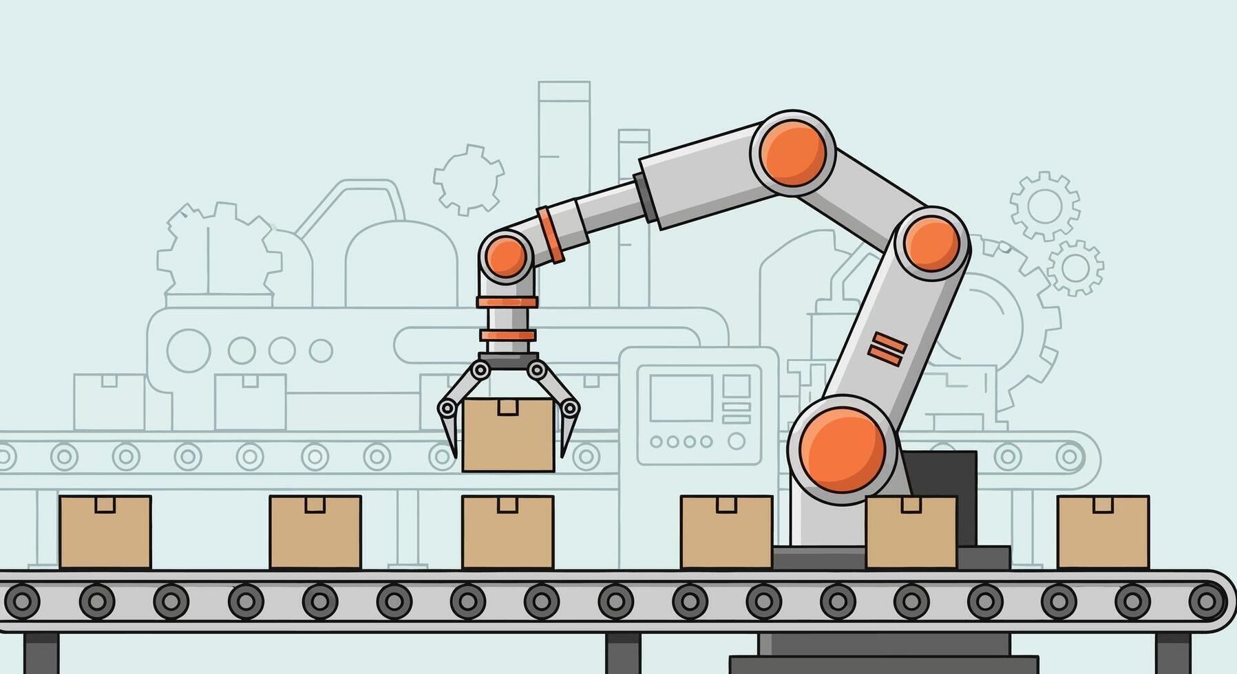 Robotic arm picking up a box on a conveyor belt in a factory vector