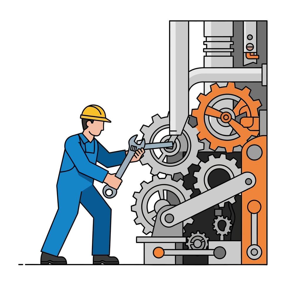 Mechanic working on industrial machine with wrench and gears vector