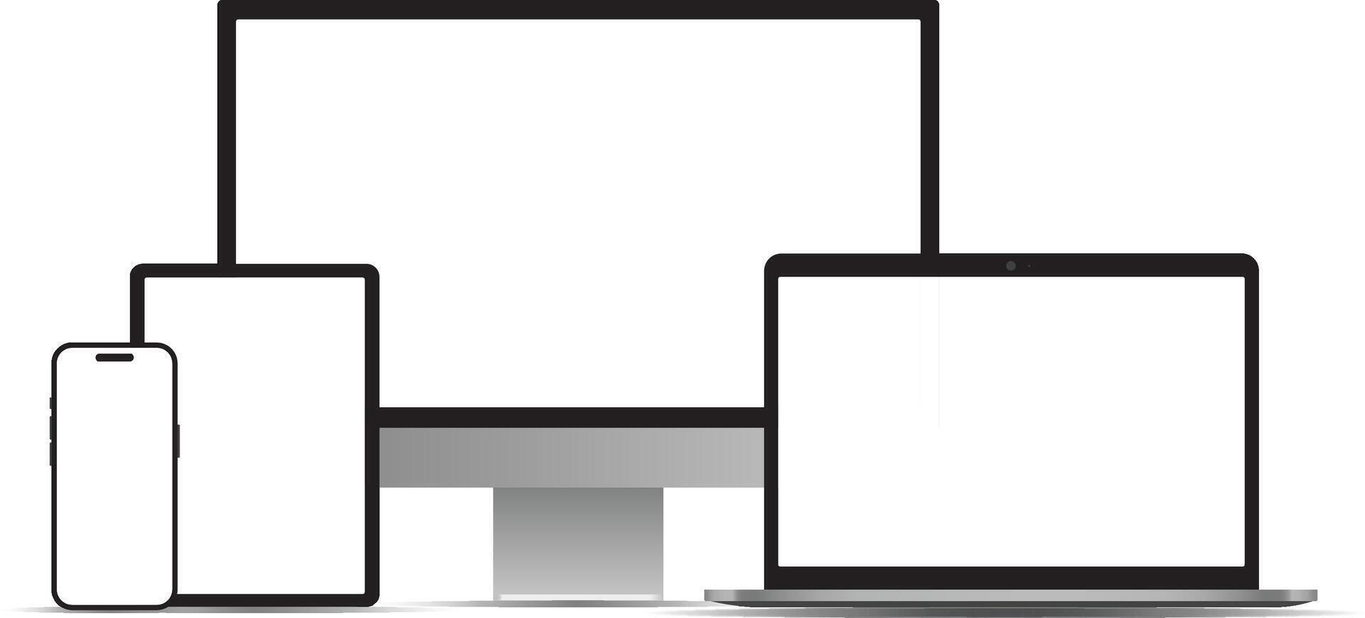 Modern multi-device mockup set. Set of smartphone, tablet, desktop and laptop display template vector