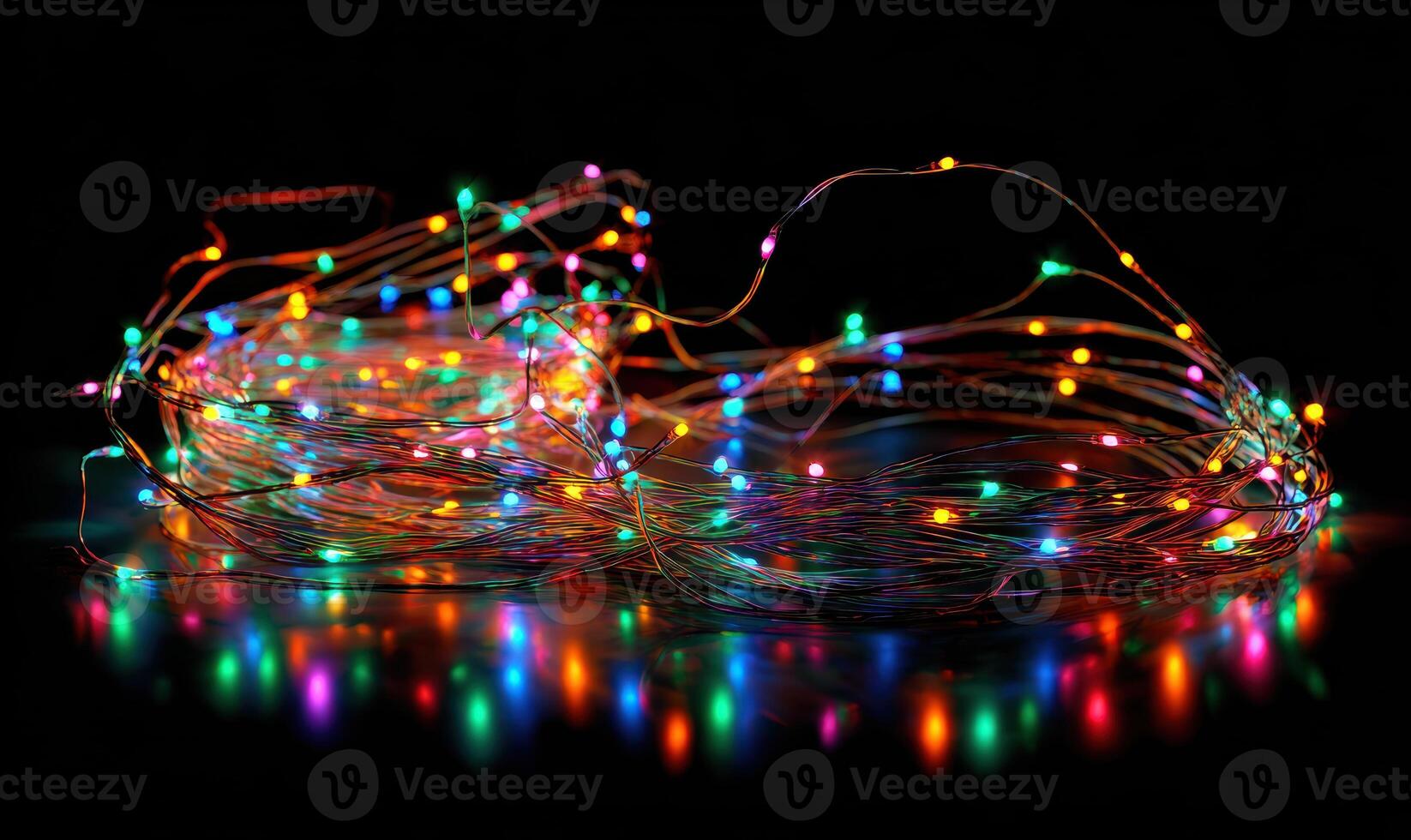 A string of colorful lights is on a dark surface photo