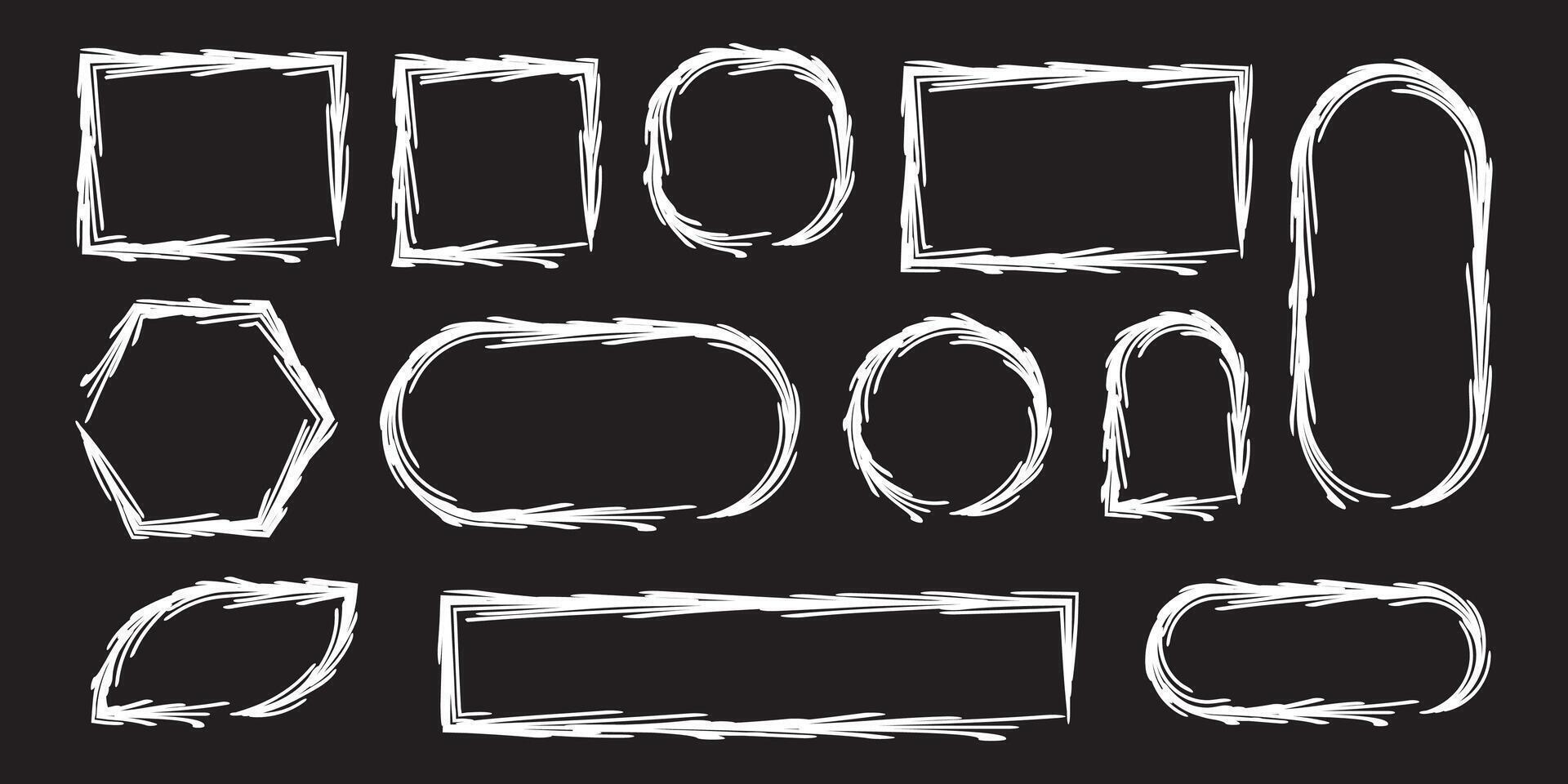 A set of hand-drawn frames. A collection of rectangular, square, and round geometric shapes. Outlined text boxes in a doodle style with texture. vector