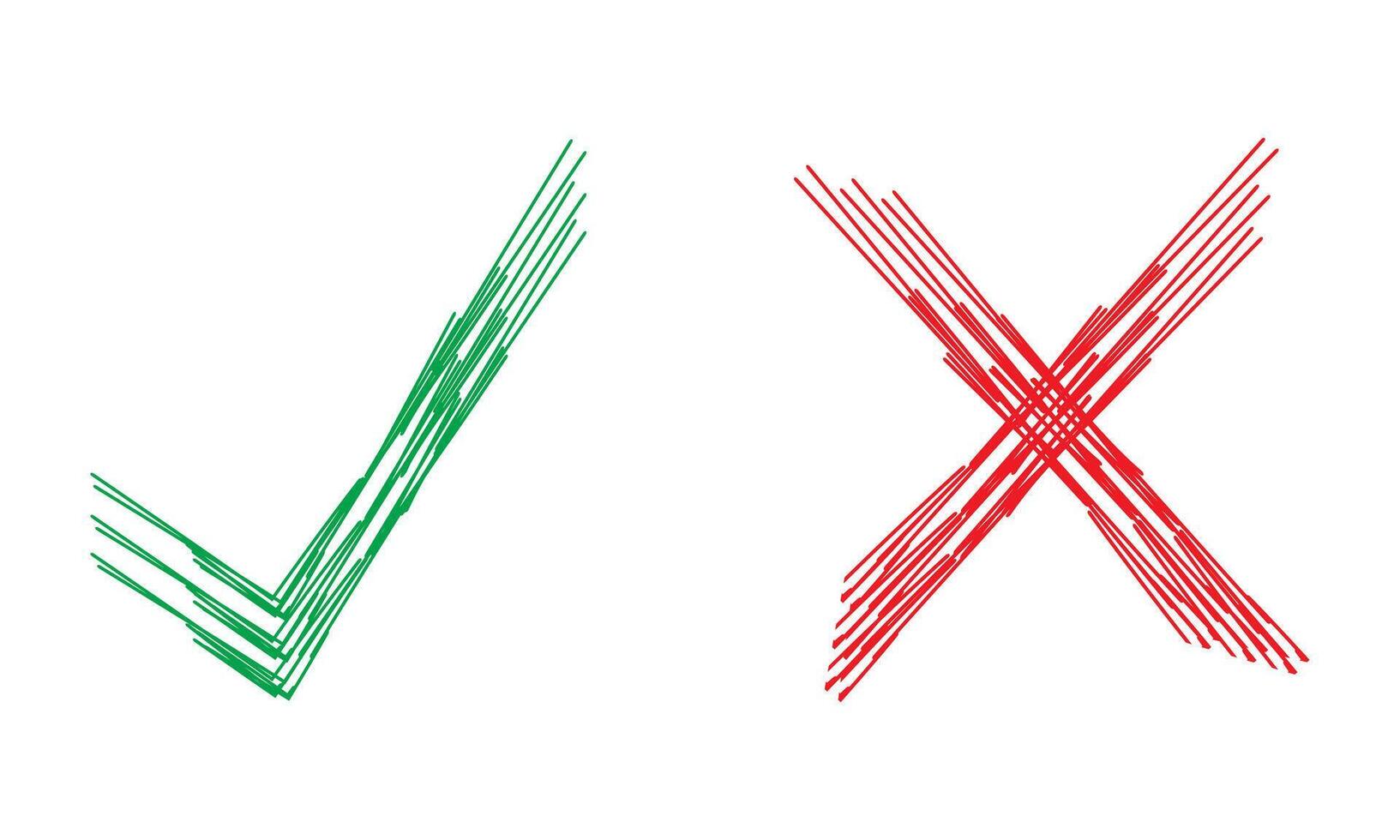 A set of green checkmarks and red crosses, drawn with a brush. Grunge texture of the yes and no elements. vector