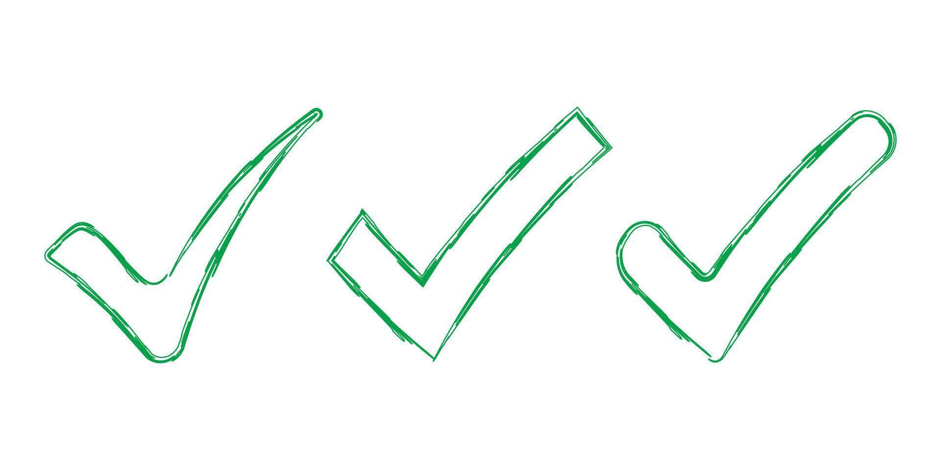 Set of check marks drawn with brush strokes. Approval symbol. Green check mark symbol on isolated background. vector