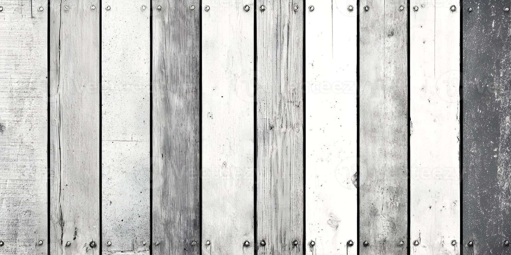 A rustic monochrome background features weathered wooden planks with visible nails creating a textured surface photo