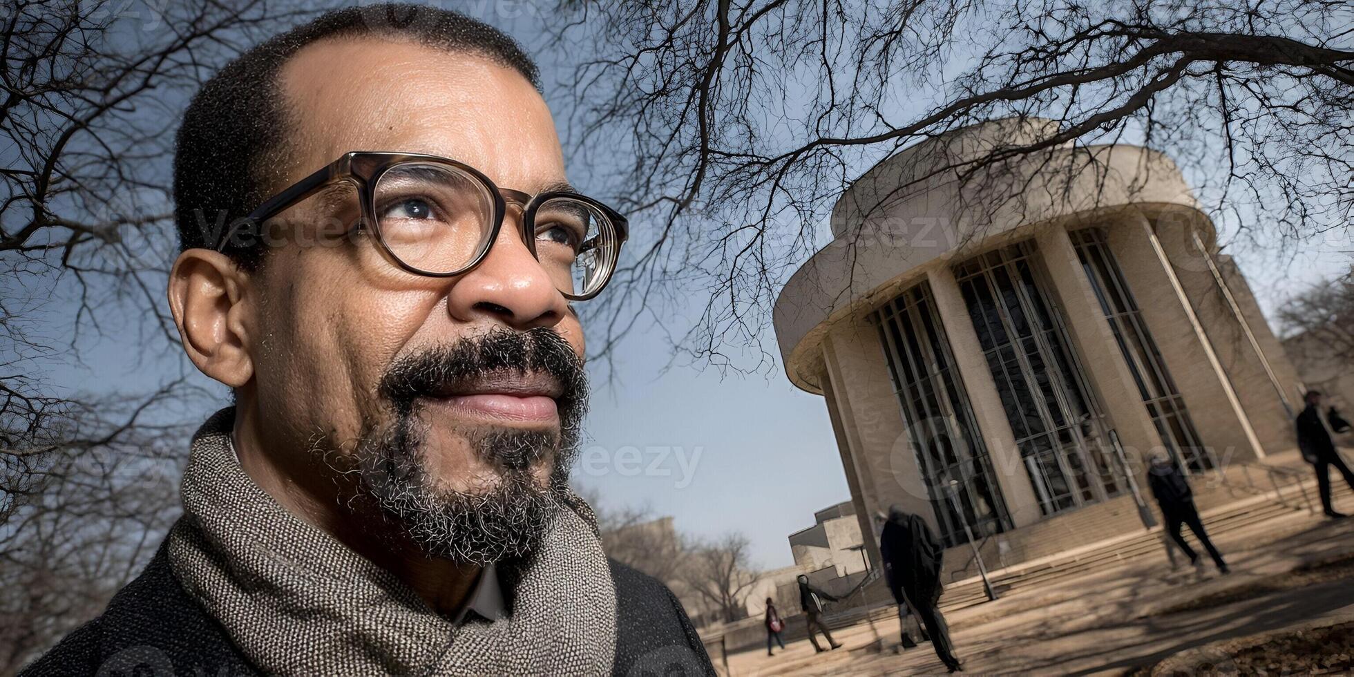 A thoughtful man with a beard and glasses looks up while standing in front of a modern campus building on a bright day photo