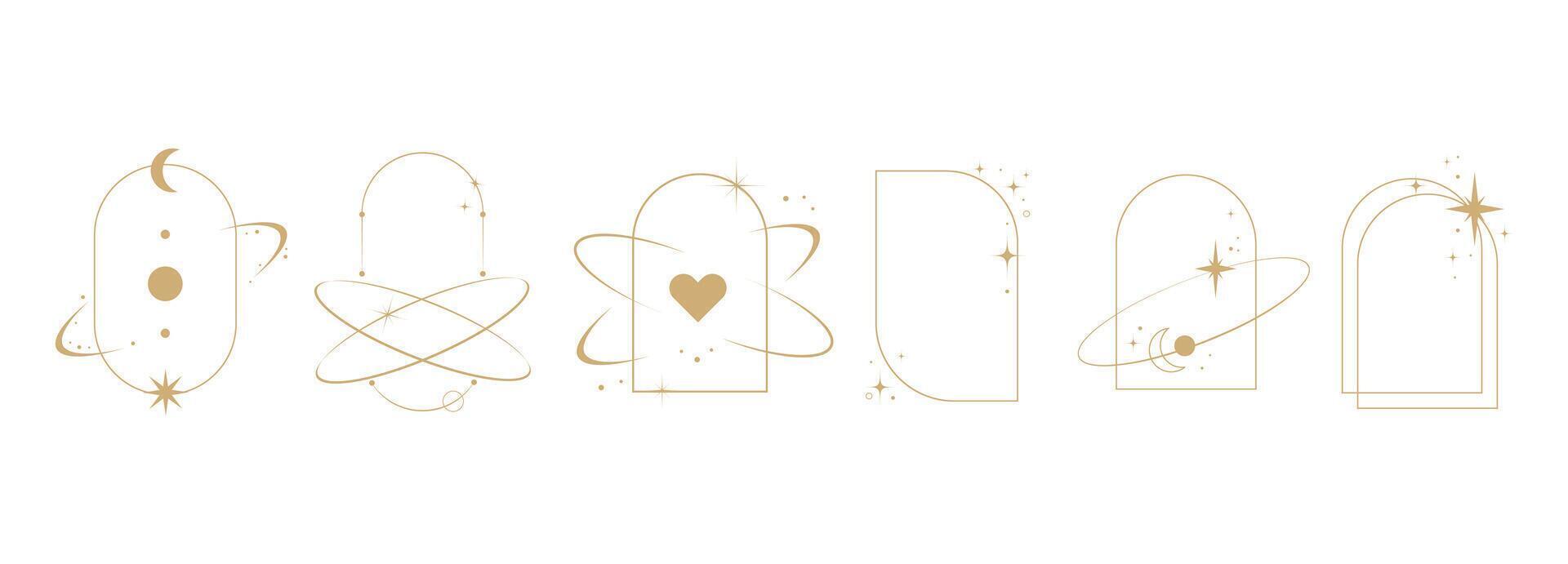 Set of minimal gold arch frames with celestial elements including moons, stars, planets, sparkles, and orbit lines, for modern design, branding, spiritual graphics, invitations. illustration vector