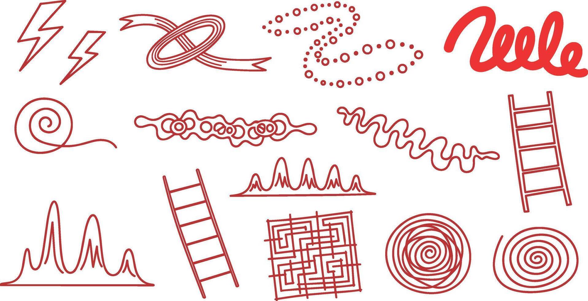 Red line drawings of various shapes and objects on white background on transparent background vector