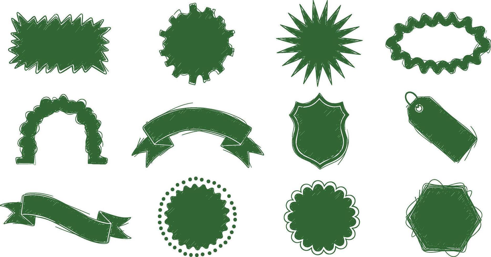 Collection of green sketchy badges, labels, and banners on transparent background vector
