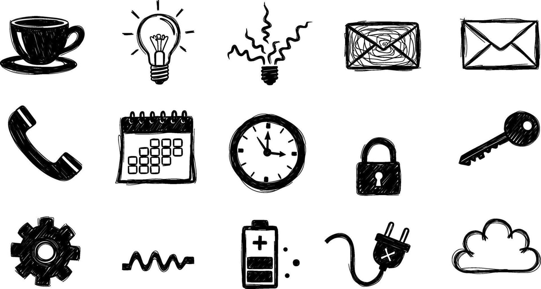 Collection of doodle style icons coffee, lightbulb, mail, and more on transparent background vector