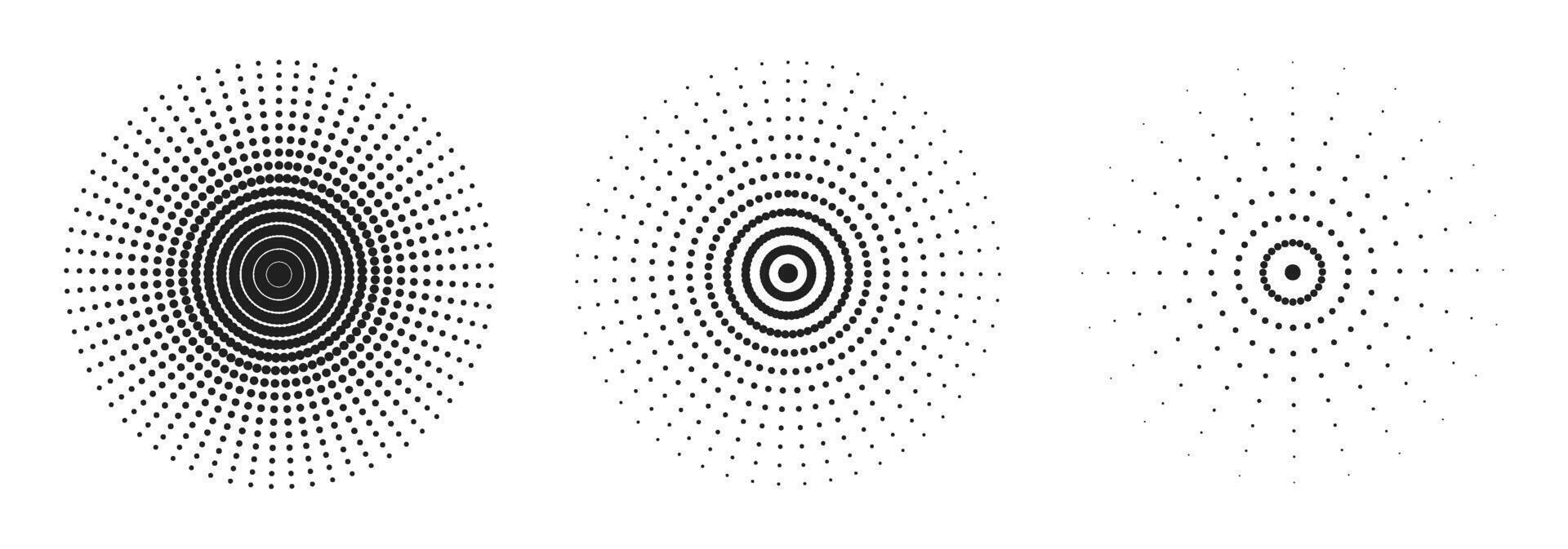 Three black and white halftone circular radiate objects in a row. Pop art or manga anime style design elements. Resembling waves or ripples. Clean simple isolated . vector