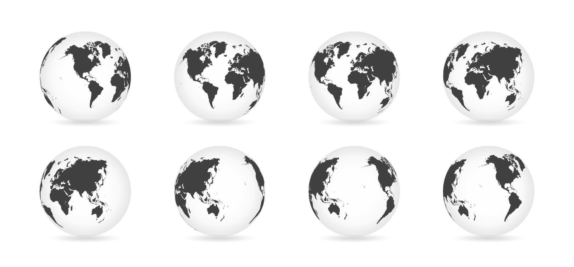 Globes in different views, flat illustration showing world maps vector