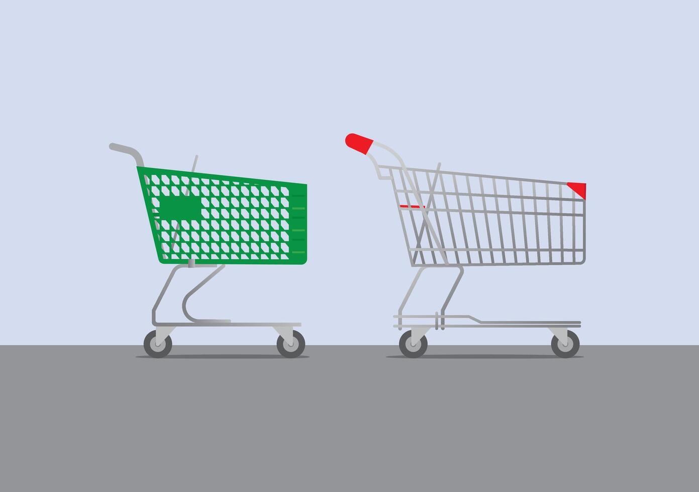 Two Empty Different Shopping Carts plastic and metal on a Light Gray Background vector