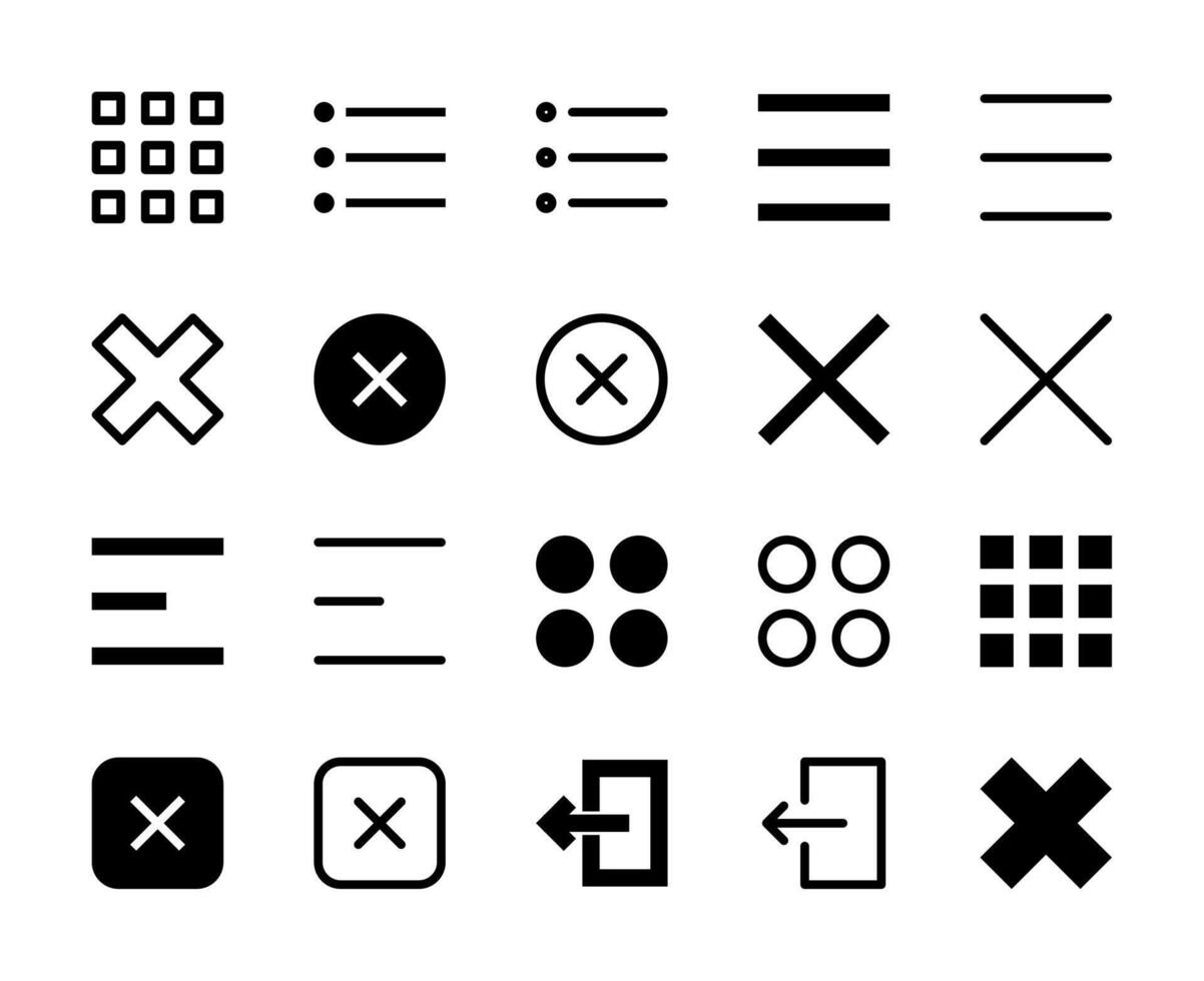 20 menú y cerca íconos línea y sólido estilo para aplicación navegación vector