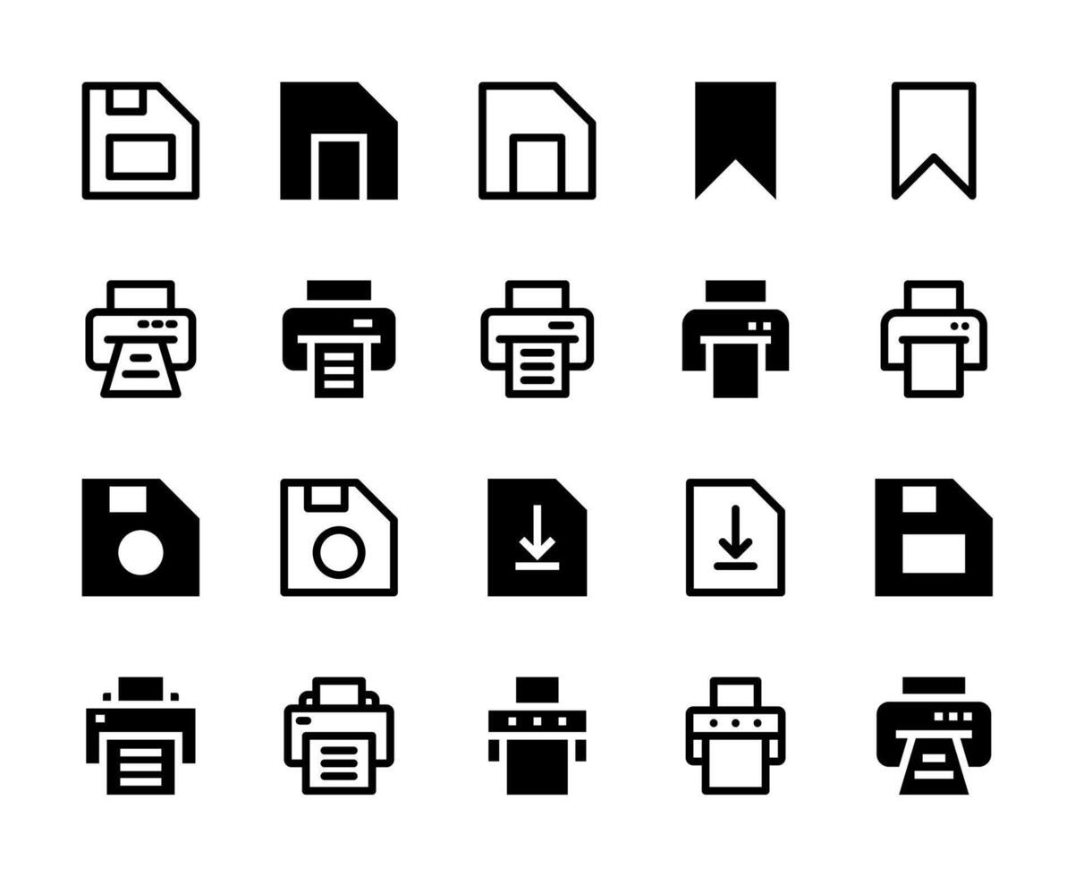 20 Save and Print Icons Line and Solid style for Document Output vector
