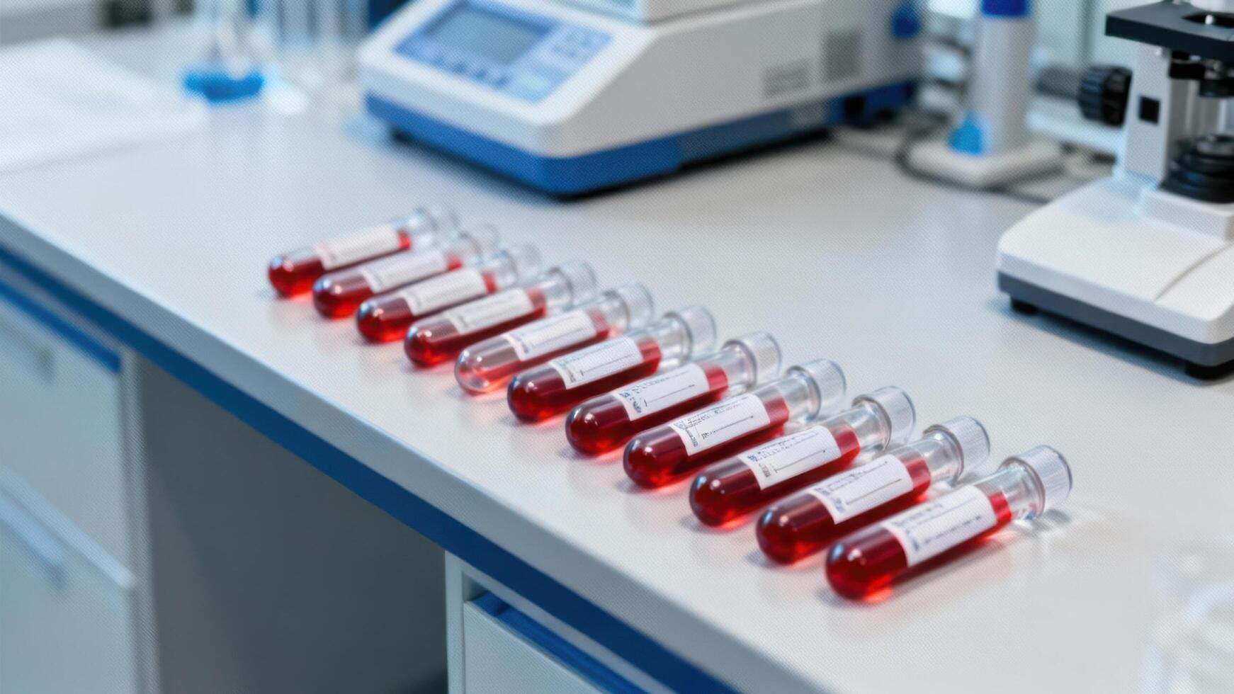 Test tubes filled with red liquid aligned on a laboratory table with medical equipment and a microscope in the background photo