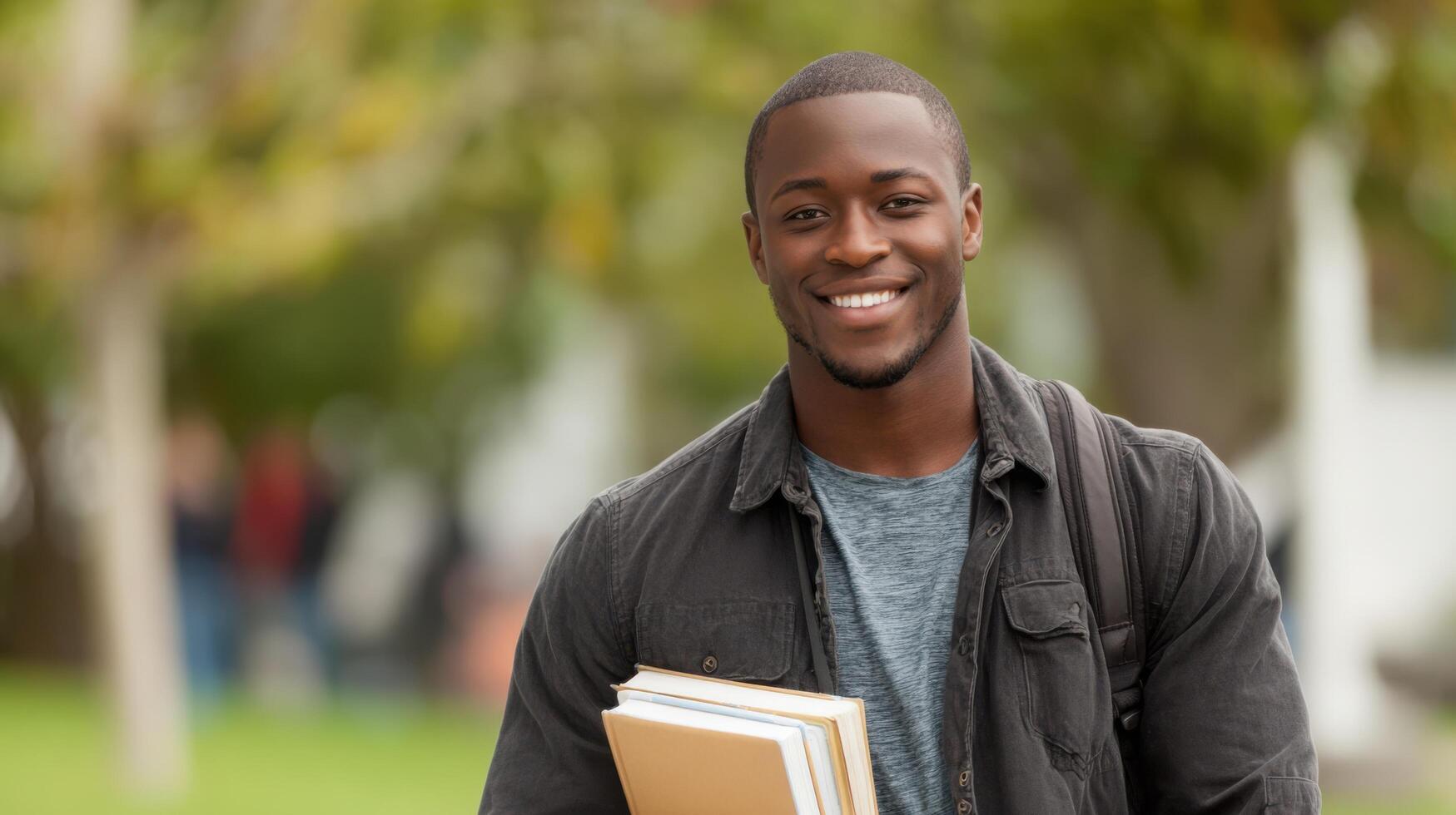 Young man with books and backpack smiling on a university campus with green trees in the background photo