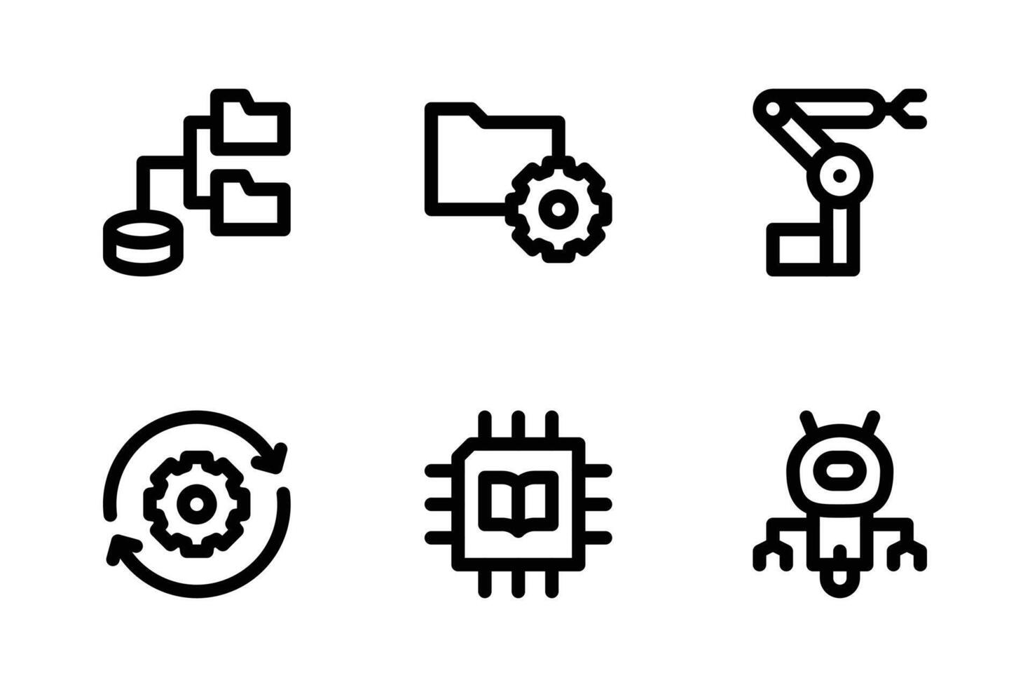 artificial inteligencia icono conjunto incluso datos recopilación, datos Procesando, robótico brazo, automatización, máquina aprendiendo, y robot vector