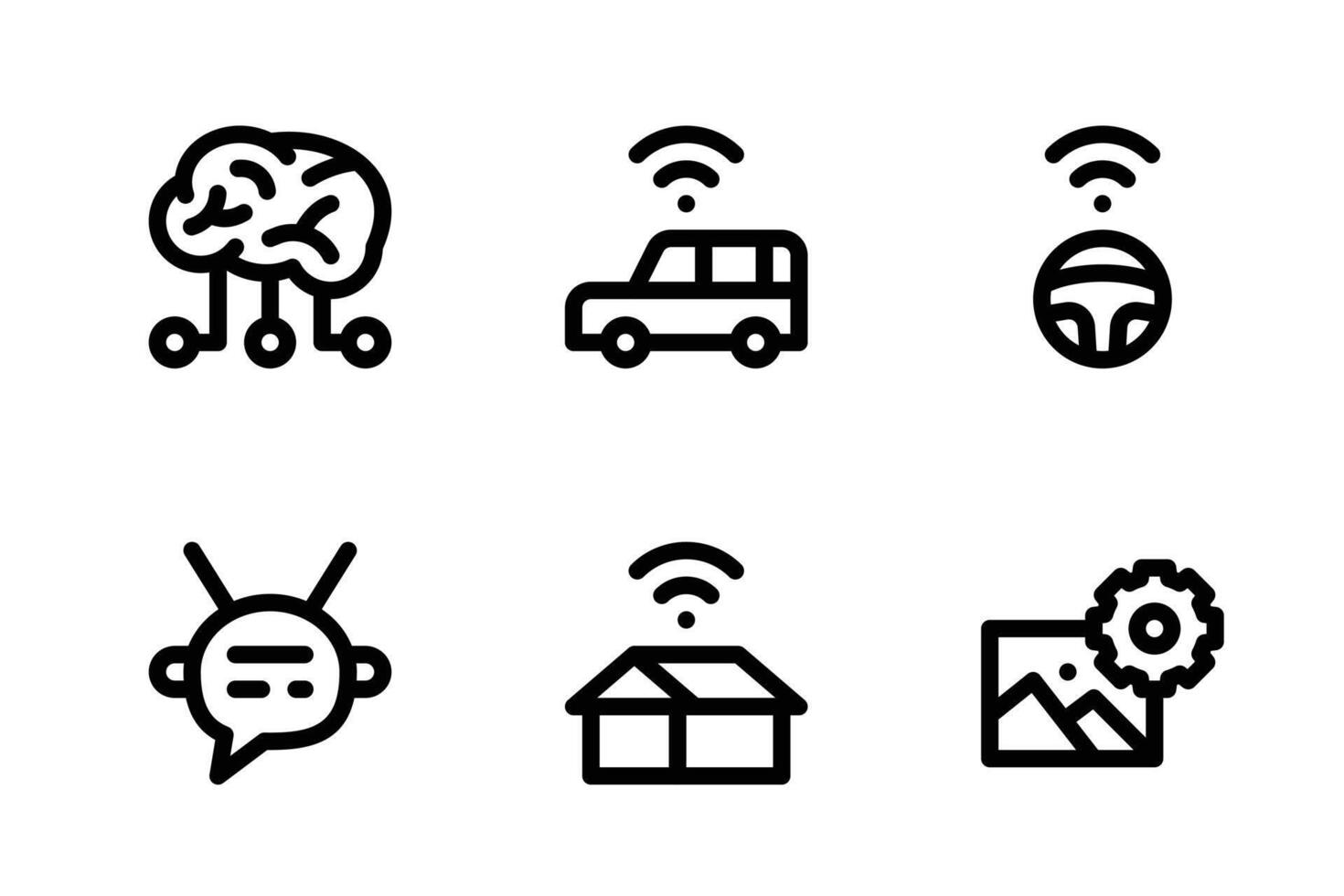 Artificial Intelligence Icon Set Including Artificial Intelligence, Autonomous Car, Chatbot, Smart Home, and Image Generator vector