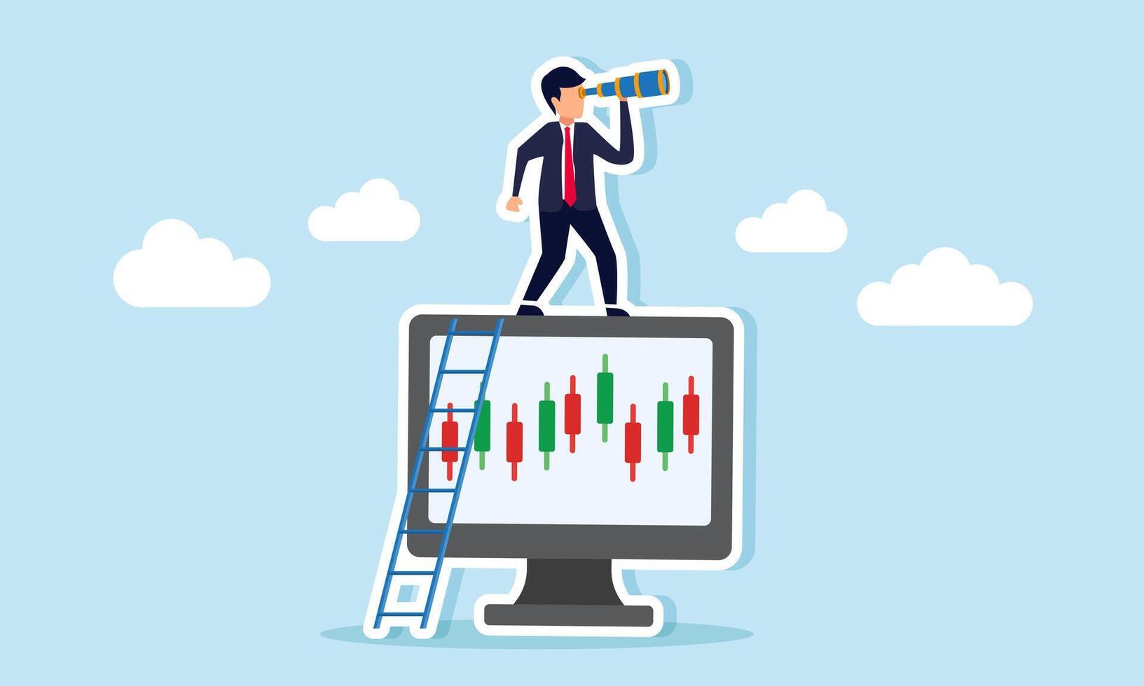 Businessman climbing a monitor showing candlestick charts using a ladder to look ahead with a telescope illustration of analyzing stock performance and business progress vector