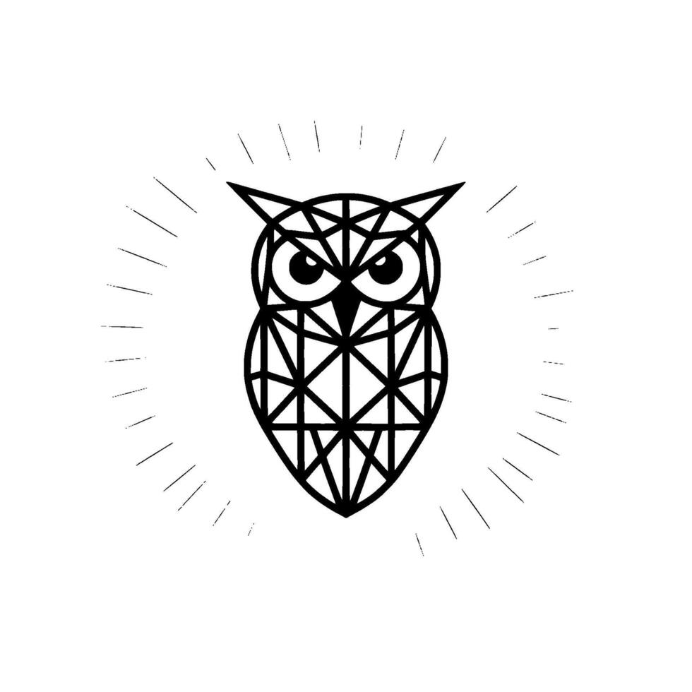 A stylized geometric owl with sharp angular lines and radiant light rays emanating outwards vector