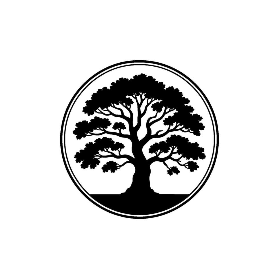 Striking silhouette of a mature deciduous tree with full foliage enclosed within a clean double lined circular frame vector