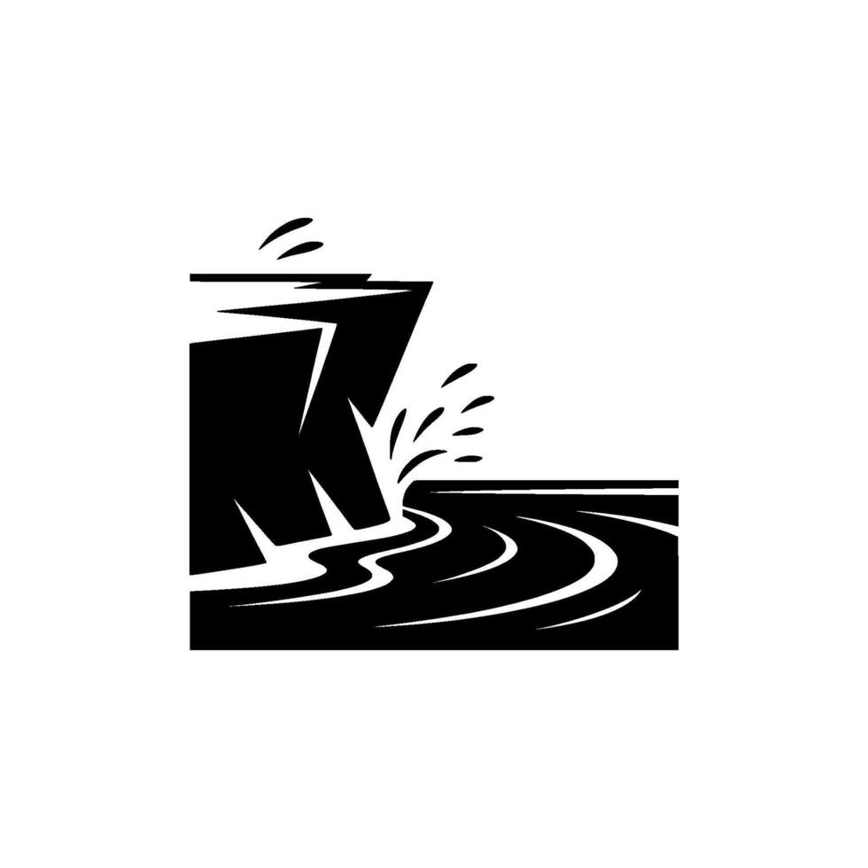 Stylized illustration depicting a sharp cliff edge with water splashing downwards into a flowing river or stream below isolated vector